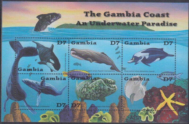 GAMBIA Sc# 2516a-f MNH SHEETLET of 6 DIFF MARINE LIFE, WHALES & DOLPHINS