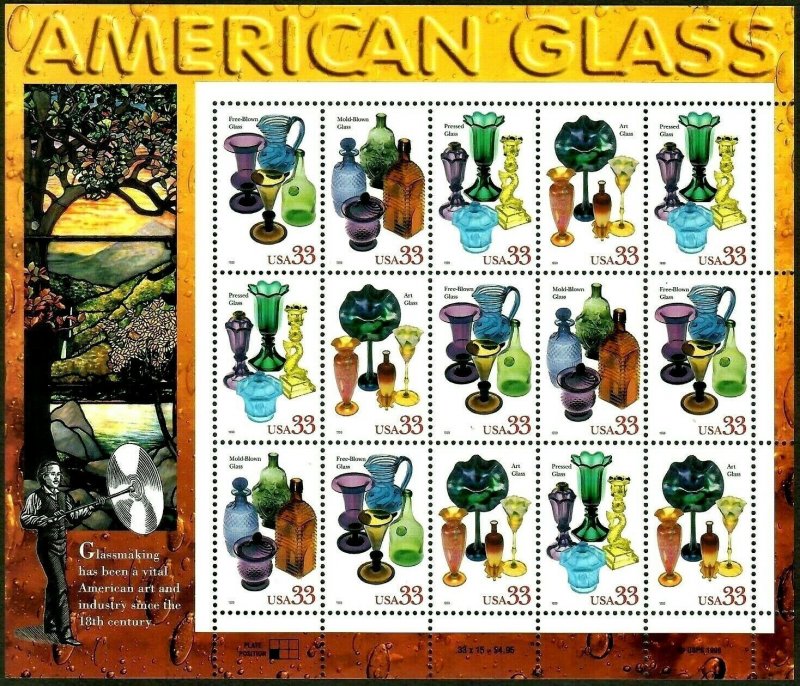 us scott 3325-3328a MNH, AMERICAN GLASS Sheet, FV $4.95 (1999) 