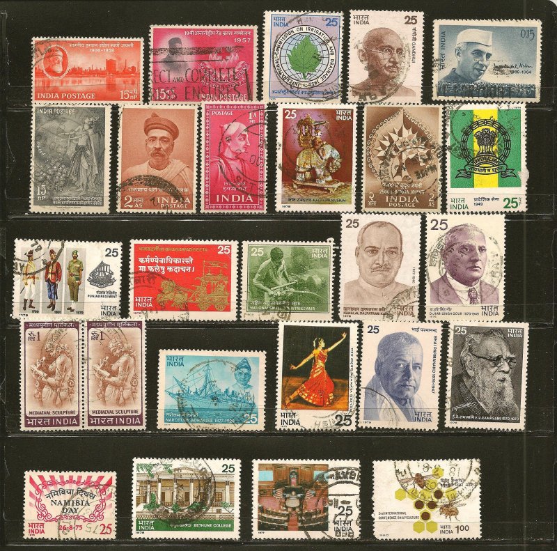 India Collection of 25 Different 1960's-1970's Commemorative Stamps Used