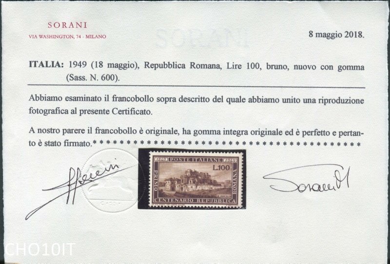 Italy 1949 100L. Sas 600 ** MNH Cert. w/Photo Silvano/Manuela Sorani  (003116)