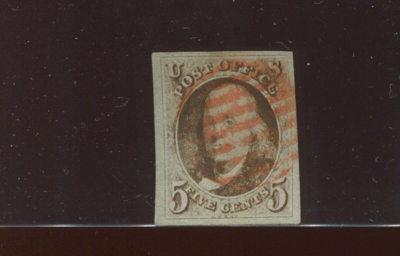 1 Franklin Imperf Used Stamp with Red Cancel with PSE Cert (Stock 1 A33)