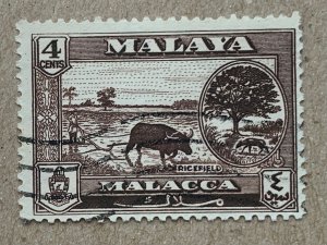 Malacca 1960 4c Rice Field and water buffalo, used. Scott 58, CV $0.25