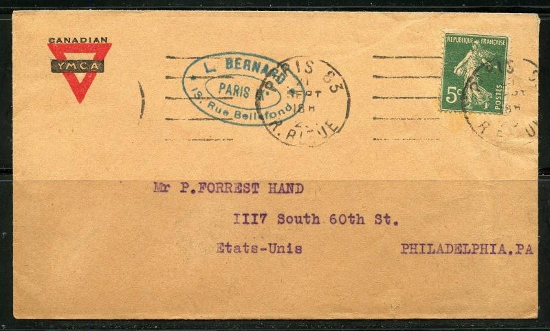 FRANCE COVER CACHETED  CANADA YMCA ENVELOPE 192? TO PHILADELPHIA 