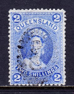 QUEENSLAND — SCOTT 74 — 1882 2/- ULTRA QV, THIN PAPER — POSTALLY USED — SCV $70