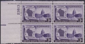 957 Wisconsin Statehood Plate Block MNH