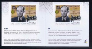 ISRAEL CANADA 2013 RAOUL WALLENBERG 2 STAMPS FROM BOOKLET MNH HOLOCAUST