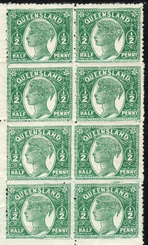 1890 - 1892 Australia Queensland QV ½penny perf 12½ Wmk 68 swys MNH Sc# 89 BLK 8