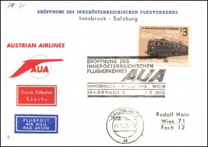 Austria Austrian Airlines Innsbruck to Vienna 1963 1st Flight Cover