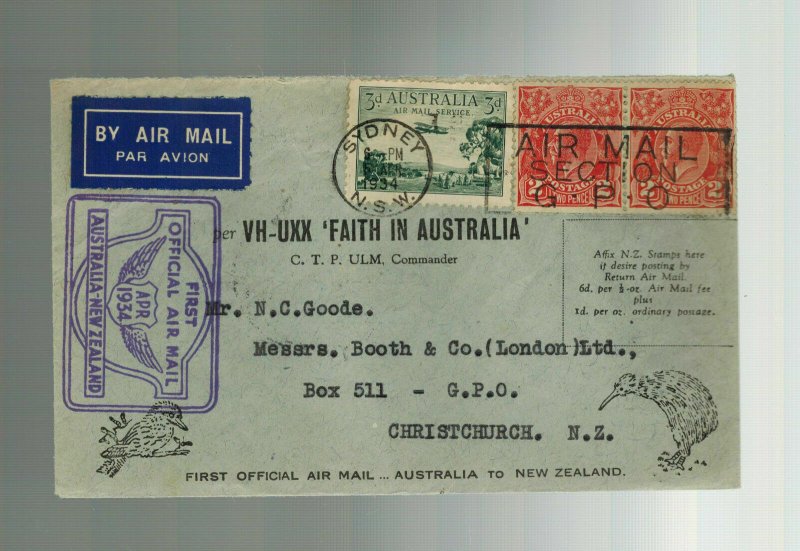 1934 FAith in Australia to New Zealand FFC First Flight Cover 