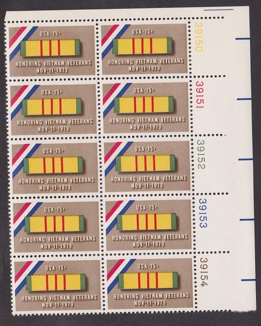 1802 Vietnam Veterans MNH Plate Block UR