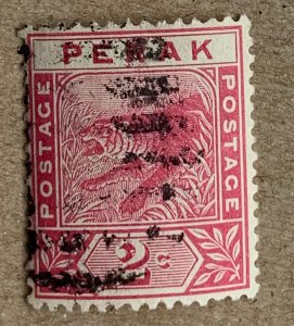 Perak 1892 2c rose Leaping Tiger, used. Scott 43, CV $0.45. SG 62