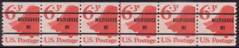 #1518a Bell 6.3 MILWAUKEE WI 81 Precancel Line Strip 6 MNH