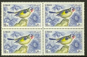 LEBANON 1965 10p European Goldfinch BIRD Issue BLOCK OF 4 Scott No. 435 MNH