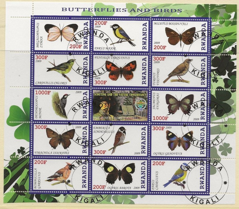 Thematic stamps Rwanda 2009 Butterflys-Birds  14 value sheet used