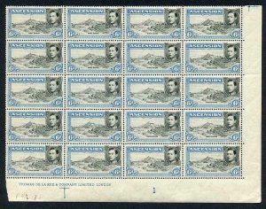 Ascension SG43 6d Black and Blue U/M Plate Block of 20 Perf 13.5 Cat 280 pounds