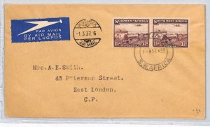 SOUTH WEST AFRICA Air Mail Windhoek East London Cover 1937 {samwells}ZC258