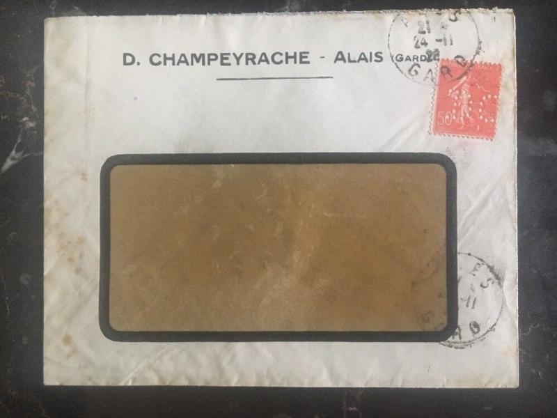 1928 Alais France Commercial Cover Perfin Stamp