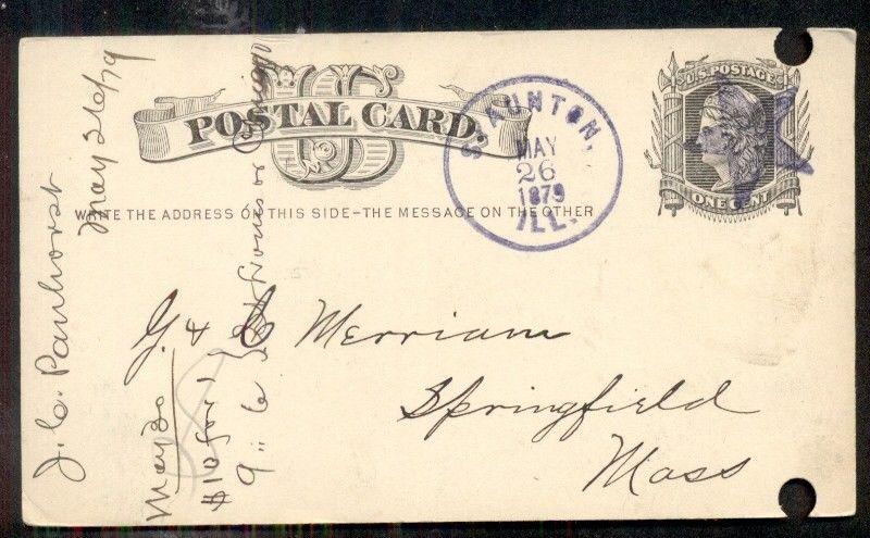1879 STAUNTON ILL . & large STAR fancy cancel in purple on 1¢ card, punch holes