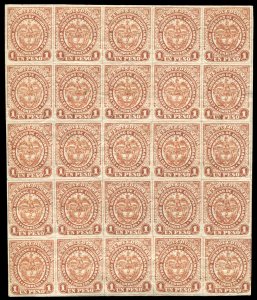 Colombia, Colombian States - Cundinamarca #22, 1886 1p orange brown, pane of ...