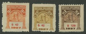 CANADA REVENUE BCT91, BCT92, BCT93 BRITISH COLUMBIA TELEPHONE FRANKS 1927 SET