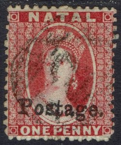 NATAL 1869 QV CHALON OVERPRINTED POSTAGE TYPE 7D WMK CROWN CC REVERSED USED