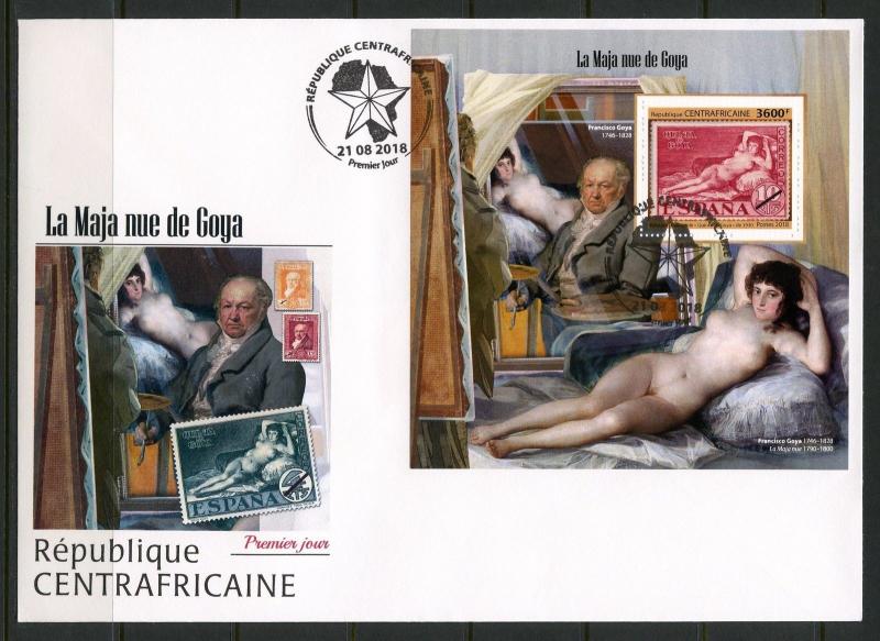 CENTRAL AFRICA 2018 GOYA'S NUDE MAJA  SOUVENIR SHEET FIRST DAY COVER