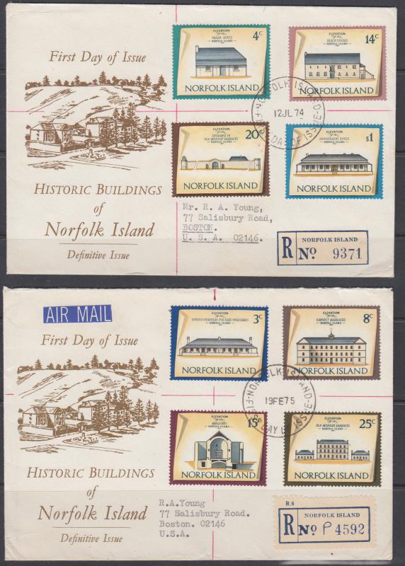 Norfolk Island Sc 156-171 FDC. 1973-75 Historic Buildings on 4 individual FDCs