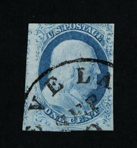 GENUINE SCOTT #9 VF-XF USED 1852 BLUE 1¢ TYPE-IV TOWN CANCEL PLATED POS. 7R1L