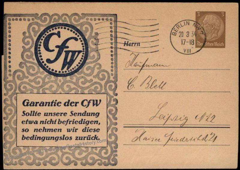 Germany 1934 3pf Hindenburg CFW Berlin Advertising Private Ganzsachen Post 68623