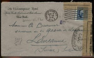 USA 1918 Lausanne Switzerland WWI Censor Washington Franklin Cover Transat 95701