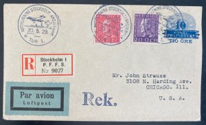 1929 Stockholm Sweden First Night flight Express Airmail cover To Chicago iL Usa