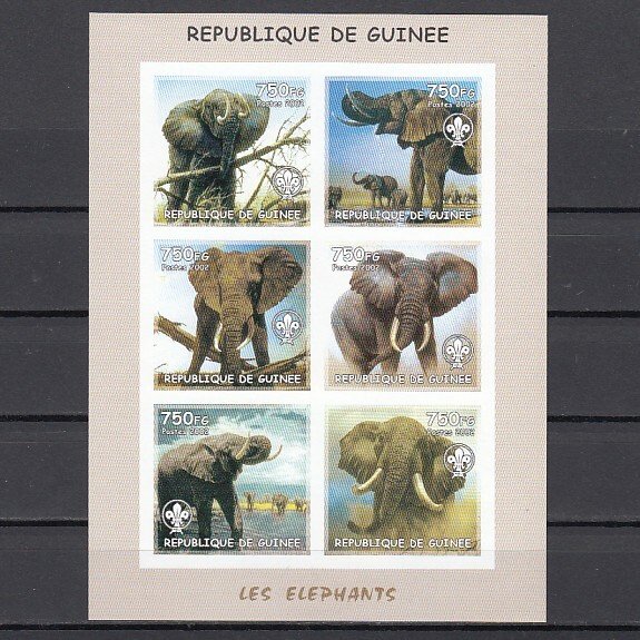 Guinea, 2002 issue. Elephants with Scout Logo, IMPERF sheet of 6.