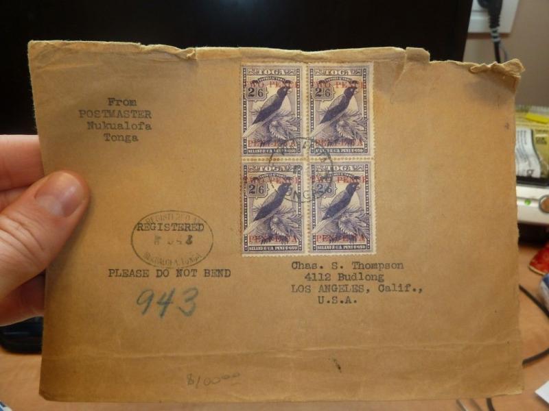 Tonga 2d/ 2/6 bird block of four on 1924 Regcover , US backstamps (31beg)