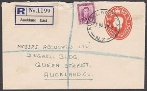 NEW ZEALAND 1950 GVI 2d envelope uprated - Registered ex AUCKLAND EAST......B706