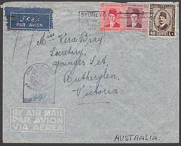 EGYPT TO AUSTRALIA 1940 cover Sydney Paquebot - HM Ship Censor.............55155