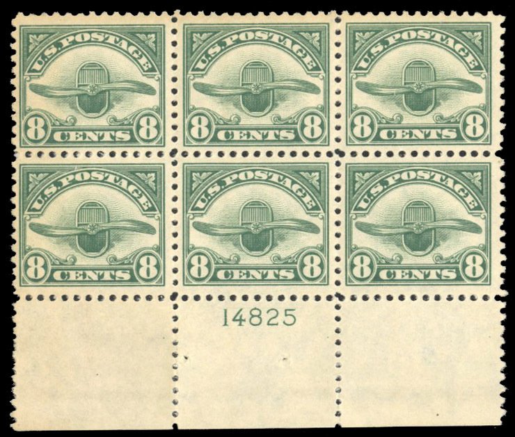 United States, Air Post #C4 Cat$240, 1923 8c dark green, bottom plate number ...