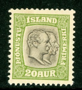 Iceland 1907 Official Two Kings 20a Yellow Green Scott O37 Mint D589