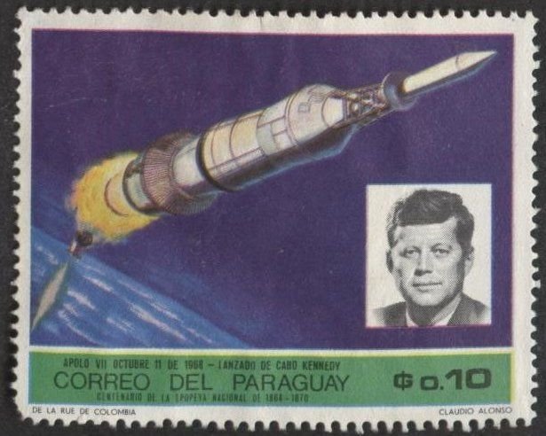 Paraguay 1144 (mh, water damage) 10c space missions: Apollo 7, JFK (1969)