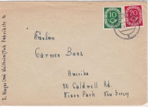 German 1954 Weilheim Cancel Two Stamps Cover to New Jersey Ref 25153