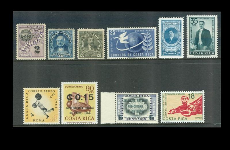 Costa Rica Collection of Ten Unused Stamps MNH