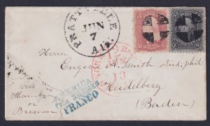 US, Scott 65, 69 with Quartered Cancels from Prattville Ala TO BADEN, GERMANY