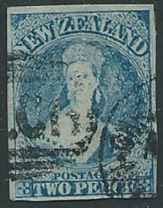 NEW ZEALAND 1862-64 FFQ 2d Blue SG38 fine used CP A2d - 4 margins..........S7224