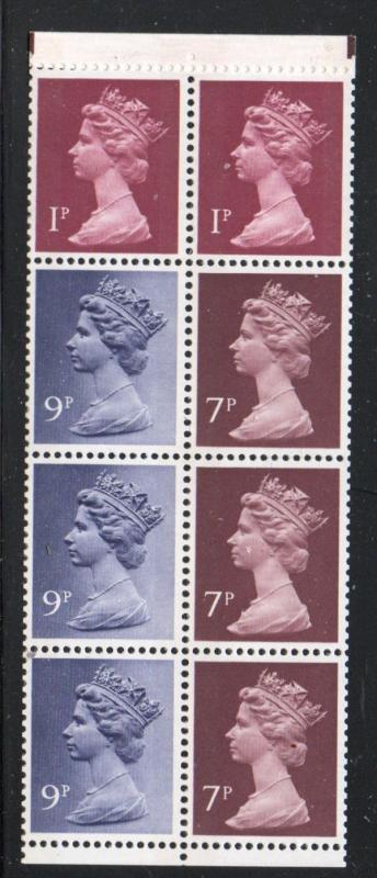 Great Britain Sc MH67a 1976 1p, 7p ,9p Machin Head booklet pane of 8 mint NH