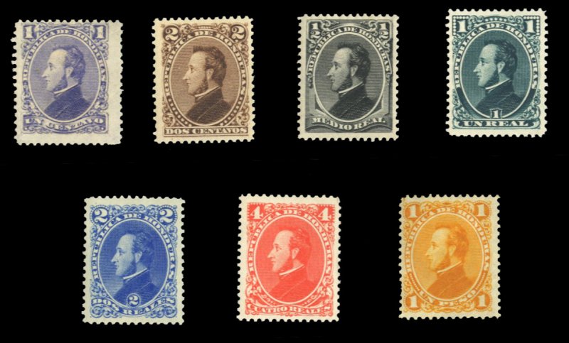 Honduras #30-36 Cat$45, 1878 Morazin, complete set, hinged