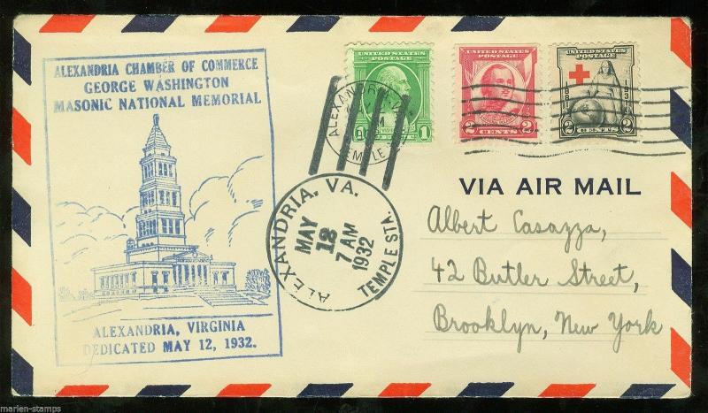 UNITED STATES 1932 MASONIC NATIONAL MEMORIAL DEDICATION COVER ALEXANDRIA VA 