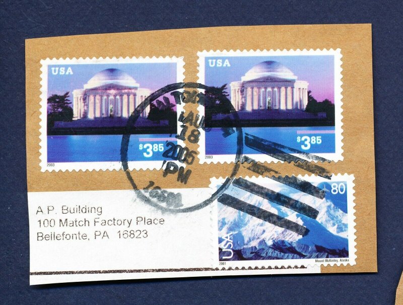 USA - 3647 - Three used on piece - $3.85 Jefferson Memorial Priority Mail - 2002