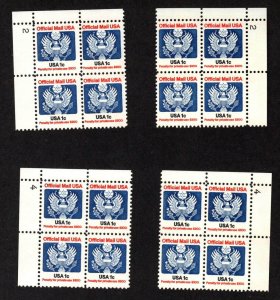 USA 4 DIFFERENT MINT NEVER HINGED 1 CENT OFFICIAL MAIL PLATE BLOCKS SCOTT # O127