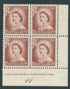 NEW ZEALAND 1953 QE 1½d plate block #11 MNH................................50149 