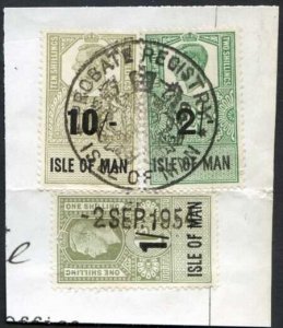 Isle of Man KGVI 10/- 2/- and 1/- Key Plate Type Revenues CDS on Piece