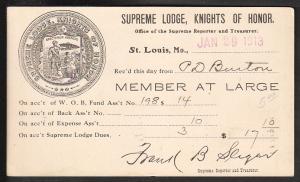 Supreme Lodge Knights of Honor St Louis MO Postal Card WOZ